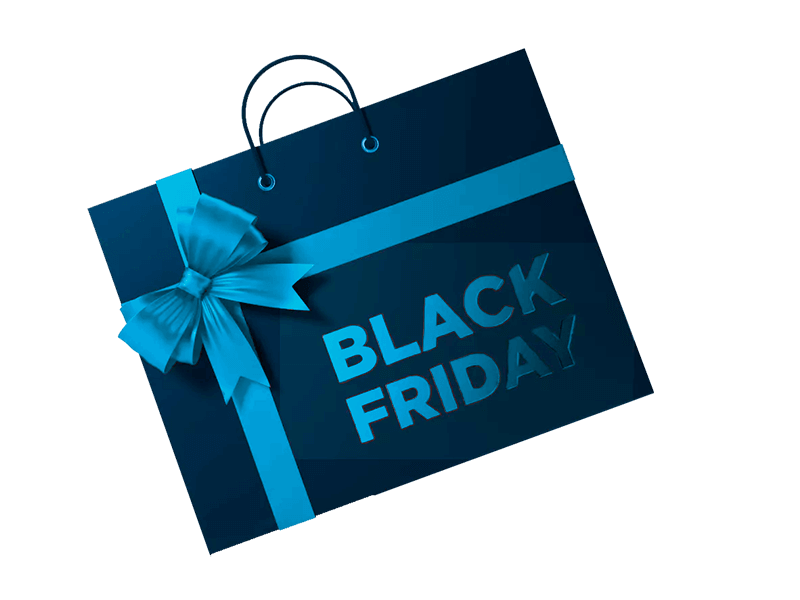 Promoções Black Friday: ilustração de fundo branco com uma sacola azul que tem um laço rosa e o escrito “Black Friday” em degradê do branco para o vermelho.
