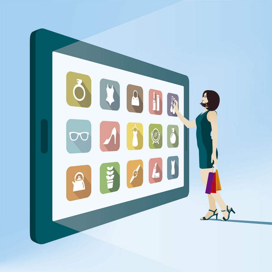 Compra Fácil: ilustração de uma moça em frente a um tablet gigante. Na tela estão ícones que representam diversas categorias de produto, dentre as quais a moça está escolhendo uma.