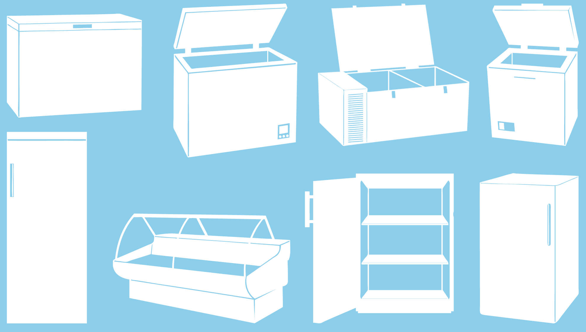 Freezers - Freezer horizontal de 1 porta fechado, freezer horizontal de 1 porta aberto, freezer horizontal de 2 portas aberto, freezer horizontal de 1 porta aberto, freezer vertical fechado, freezer horizontal de tampa transparente fechado, freezer vertical menor de porta aberta, freezer vertical menor de porta fechada.