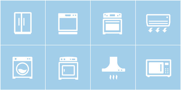 Promoção de Eletrodomésticos - Desenho geladeira, máquina de lavar louça, fogão, ar condicionado, secadora de roupas, máquina de lavar, coifa e micro-ondas