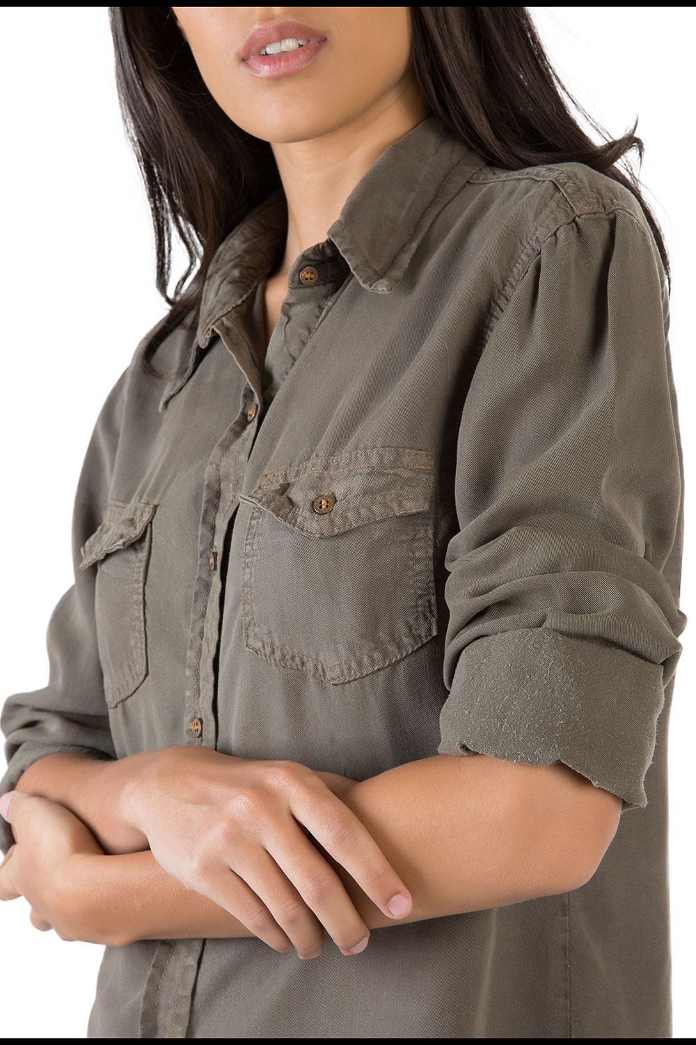 camisa jeans verde militar feminina