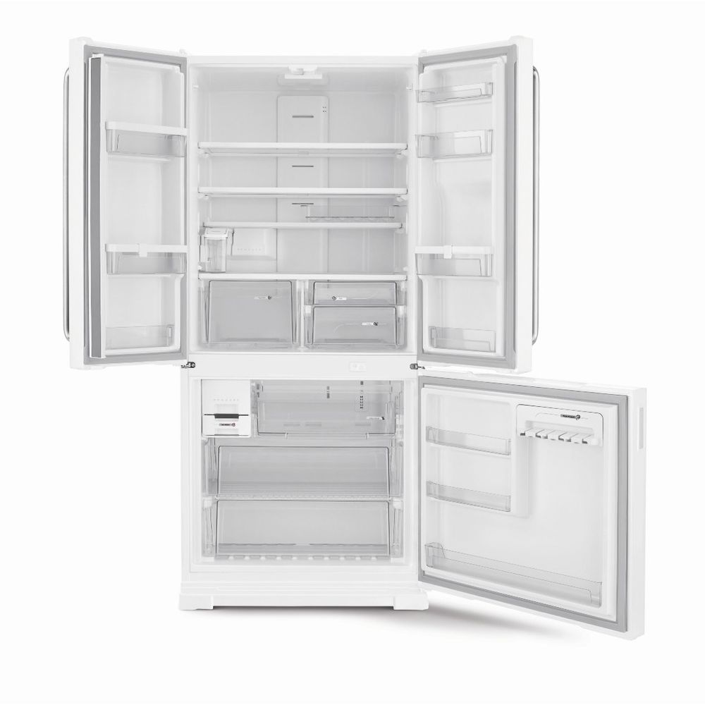 Geladeira Inverse: imagem de uma geladeira inverse branca, com o refrigerador em cima e o freezer na parte de baixo. As portas estão abertas, mostrando todos os compartimentos