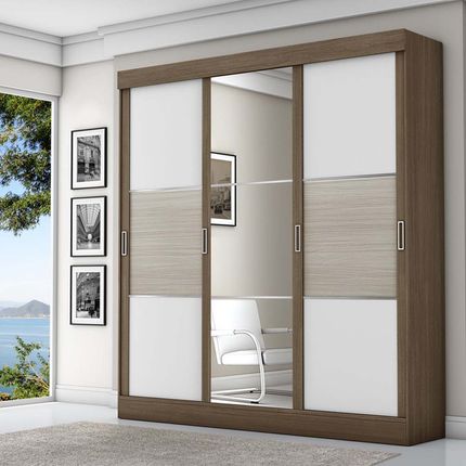 Guarda-Roupa Fama Niterói Flex com 3 Portas de Correr e Espelho - Ipê/Branco/Rovere Menor preço em Guarda-Roupa Fama Niterói Flex com 3 Portas de Correr e Espelho - Ipê/Branco/Rovere