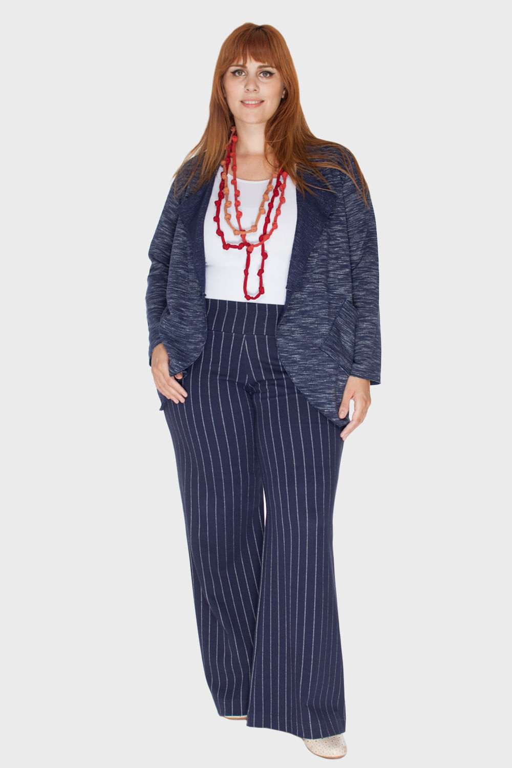 calça pantalona listrada plus size