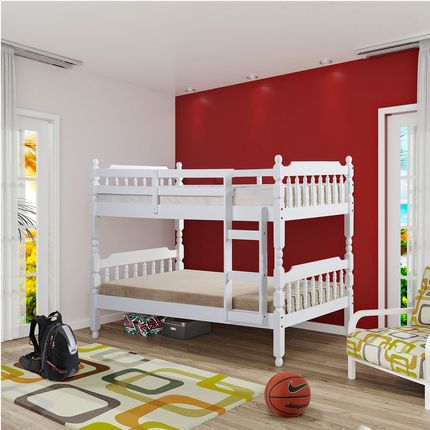 Beliche Torneada Kingston com Grade Proteção - Acabamento Laca PU - Madeira Maciça - Laca Branco Menor preço em Beliche Torneada Kingston com Grade Proteção - Acabamento Laca PU - Madeira Maciça - Laca Branco