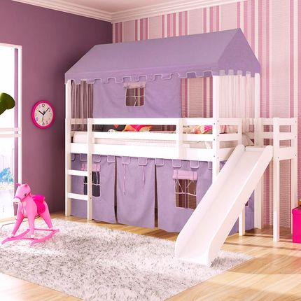Cama infantil com escorregador Lateral/Transversal Tenda Castelo Lilás Telhado Completo - Casatema Menor preço em Cama infantil com escorregador Lateral/Transversal Tenda Castelo Lilás Telhado Completo - Casatema