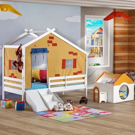 Cama Infantil Prime c/ Telhado V, Escorrega/ Grade de Proteção e Tenda Madeira Maciça - Casatema Menor preço em Cama Infantil Prime c/ Telhado V, Escorrega/ Grade de Proteção e Tenda Madeira Maciça - Casatema