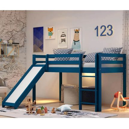 Cama Alta Kids com Escorregador em Madeira Maciça - Azul Menor preço em Cama Alta Kids com Escorregador em Madeira Maciça - Azul