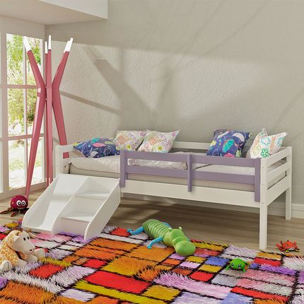 Cama Infantil Prime com Grade de Proteção Lilás e Kit Escadinha/ Escorrega - Madeira Maciça - Branco Menor preço em Cama Infantil Prime com Grade de Proteção Lilás e Kit Escadinha/ Escorrega - Madeira Maciça - Branco