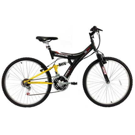Bicicleta Aro 26 Track Bikes TB100XS com 18 Marchas e Dupla Suspensão Preta/Amarela Menor preço em Bicicleta Aro 26 Track Bikes TB100XS com 18 Marchas e Dupla Suspensão Preta/Amarela