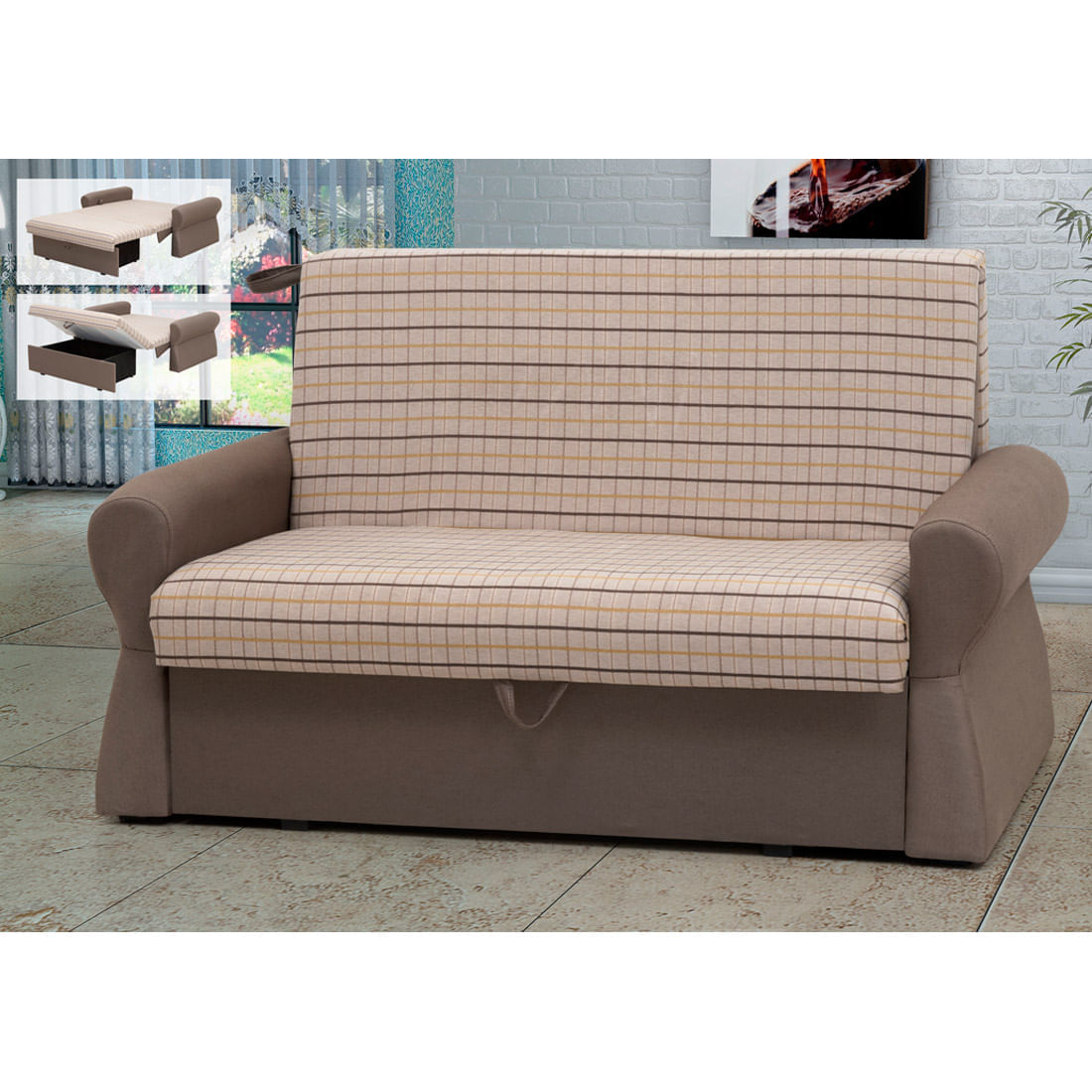 sofa cama nivea com 2 lugares e bau