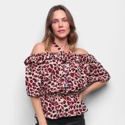 Blusa Top Moda Ombro a Ombro Animal Print Onça Feminina Rosa P