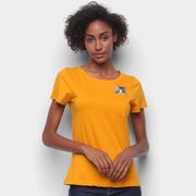 Camiseta Top Moda c/ Bolso Bordado Gato Manga Curta Feminina Amarelo P