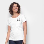 Camiseta Top Moda c/ Bolso Bordada Manga Curta Feminina Branco P