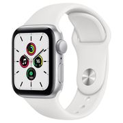 Apple Watch SE GPS, 40mm, Caixa Prateada de Alumínio com Pulseira Esportiva Branca.
